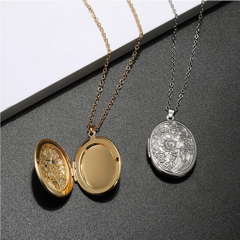 SCRDPRAD Vintage Engraved Flower Empaistic Photo Locket Hold Picture Oval Round Pendant Necklace Antique Carved Pattern Souvenir Memorial Clavicle Sweet Jewelry for Women - Image 2